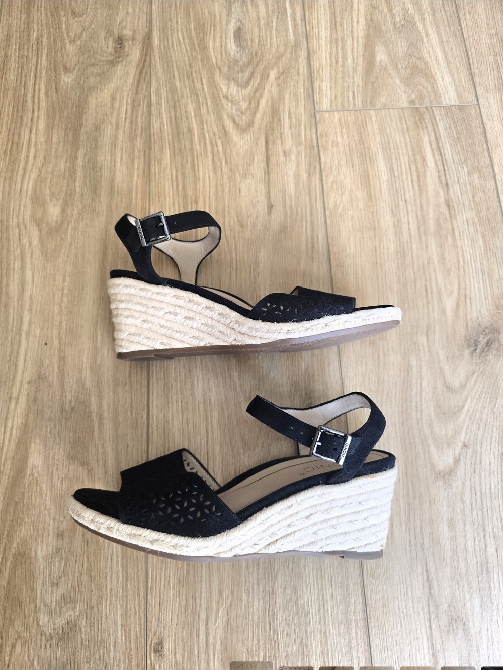 Vionic Ariel Black Suede Espadrille Wedge Sandals with Ankle Buckle 9 Wide